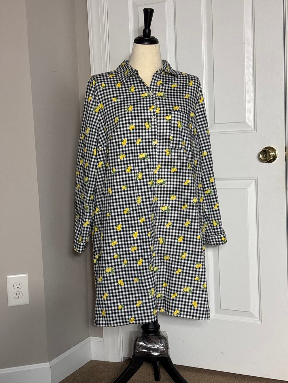 Chloe+rene Sz XL Lemon Print Shirt Dress Cotton Black White Checked Grandmacore